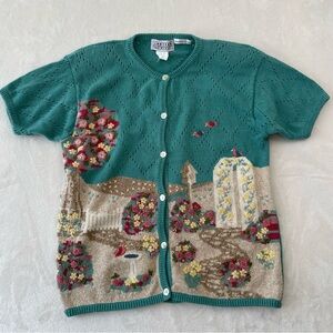 VTG Jantzen Short Sleeve Embroidered Garden Scene Cardigan Sz 1X Cottagecore
